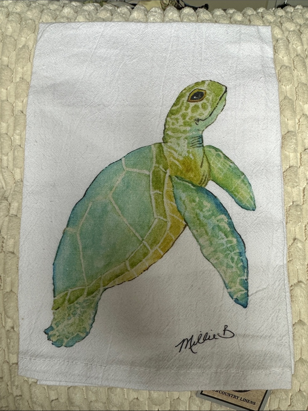 Sea Turtle Watercolor Kitchen / Bath Hand Towel - Green & Teal NWT